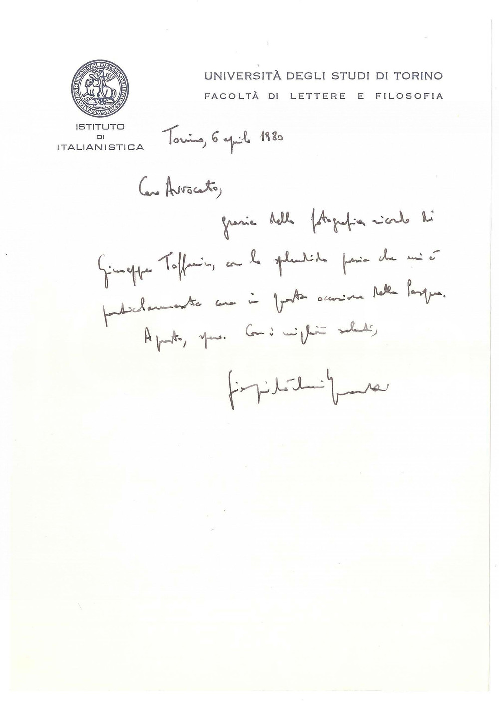 Autografo originale 1980 TORINO Lettera Giorgio BARBERI SQUAROTTI per ricordo ricevuto  AUTOGRAFO 1