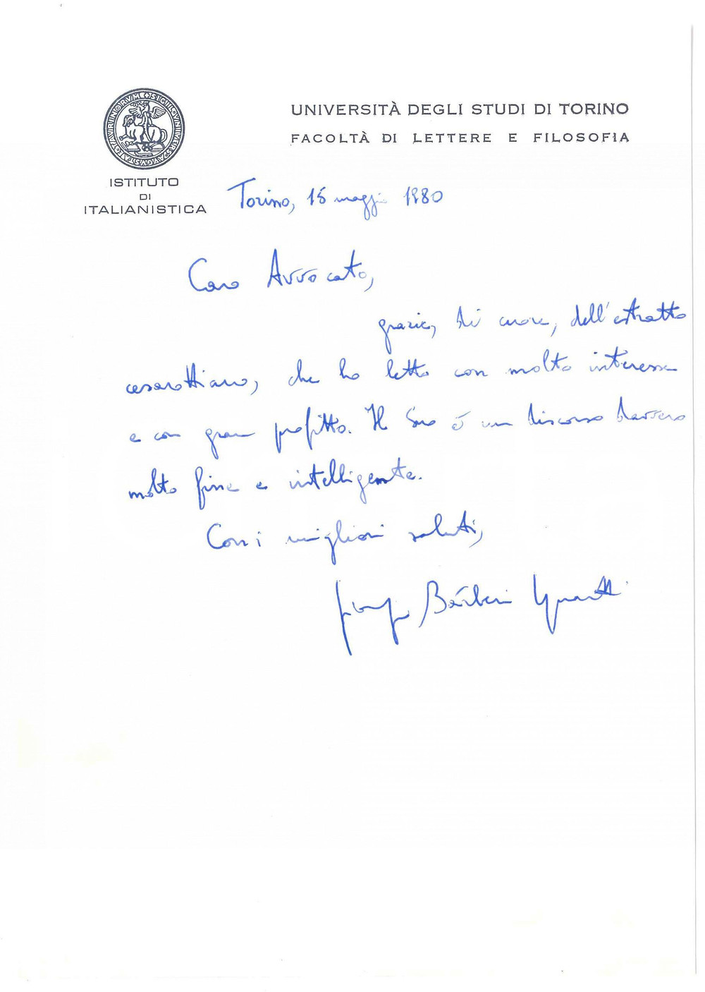 Autografo originale 1980 TORINO Lettera Giorgio BARBERI SQUAROTTI per ringraziamento  AUTOGRAFO 1