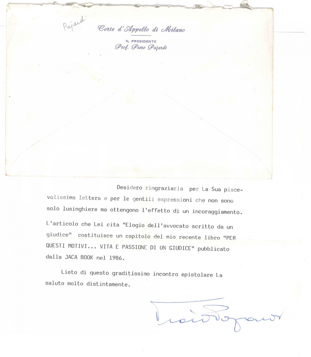 Autografo originale 1987 MILANO Lettera Piero PAJARDI per ringraziamento  AUTOGRAFO 1