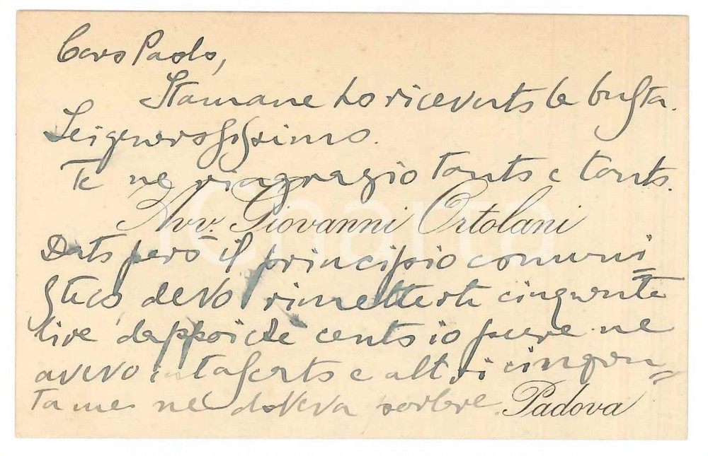 Autografo originale 1910 ca PADOVA Avv. Giovanni ORTOLANI  Biglietto da visita AUTOGRAFO 1