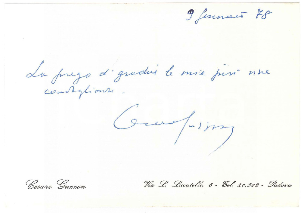Autografo originale 1978 PADOVA Biglietto Cesare GUZZON per condoglianze  AUTOGRAFO 1