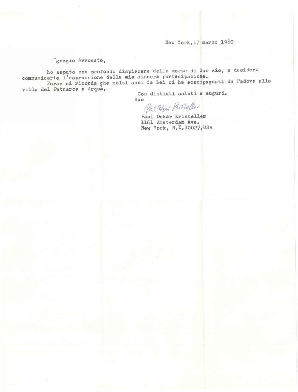 Autografo originale 1980 NEW YORK Lettera Paul Oskar KRISTELLER per condoglianze  AUTOGRAFO 1