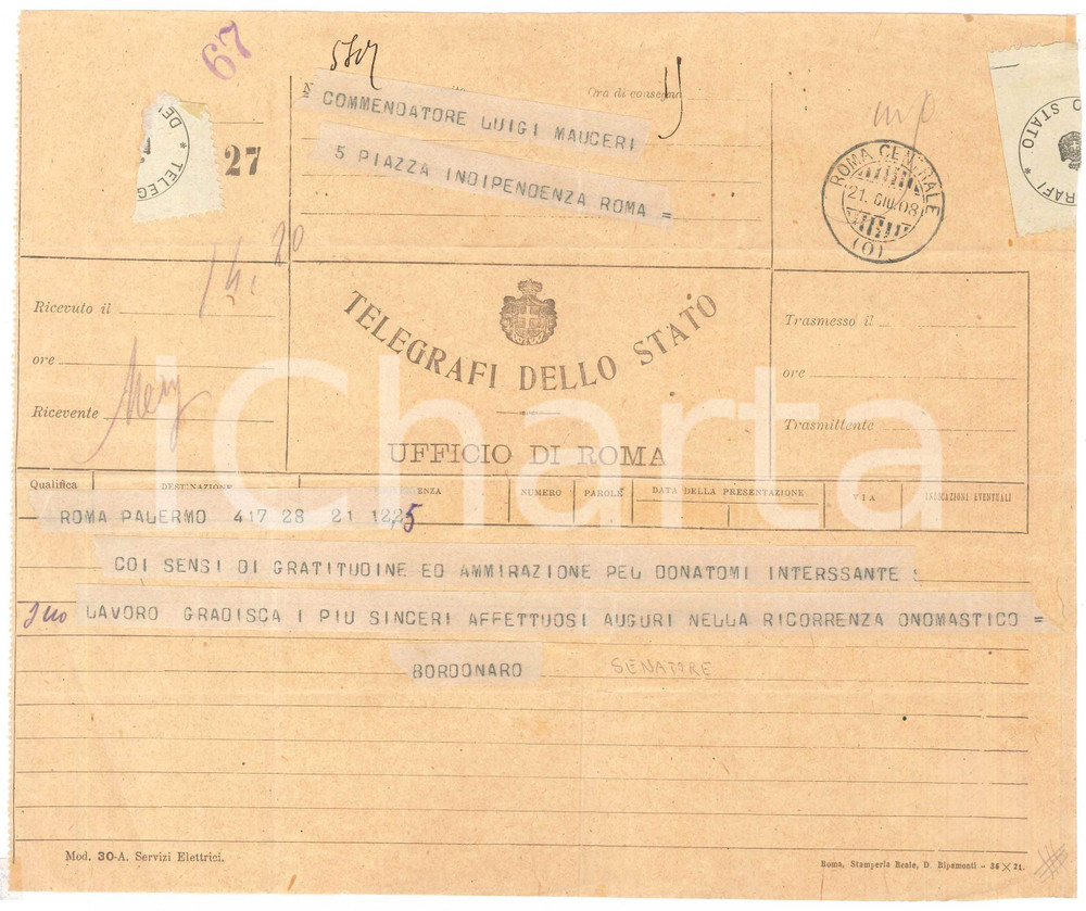 Documento originale, autentico 1908 PALERMO Senatore Gabriele BORDONARO  Telegramma a Luigi MAUCERI 1