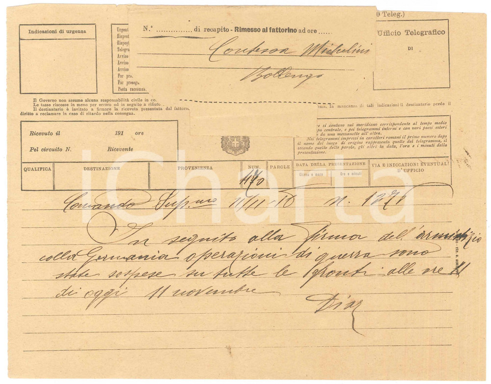 Documento originale, autentico 1918 WW1 COMANDO SUPREMO Gen. Armando DIAZ  Telegramma a Contessa MICHELINI 1