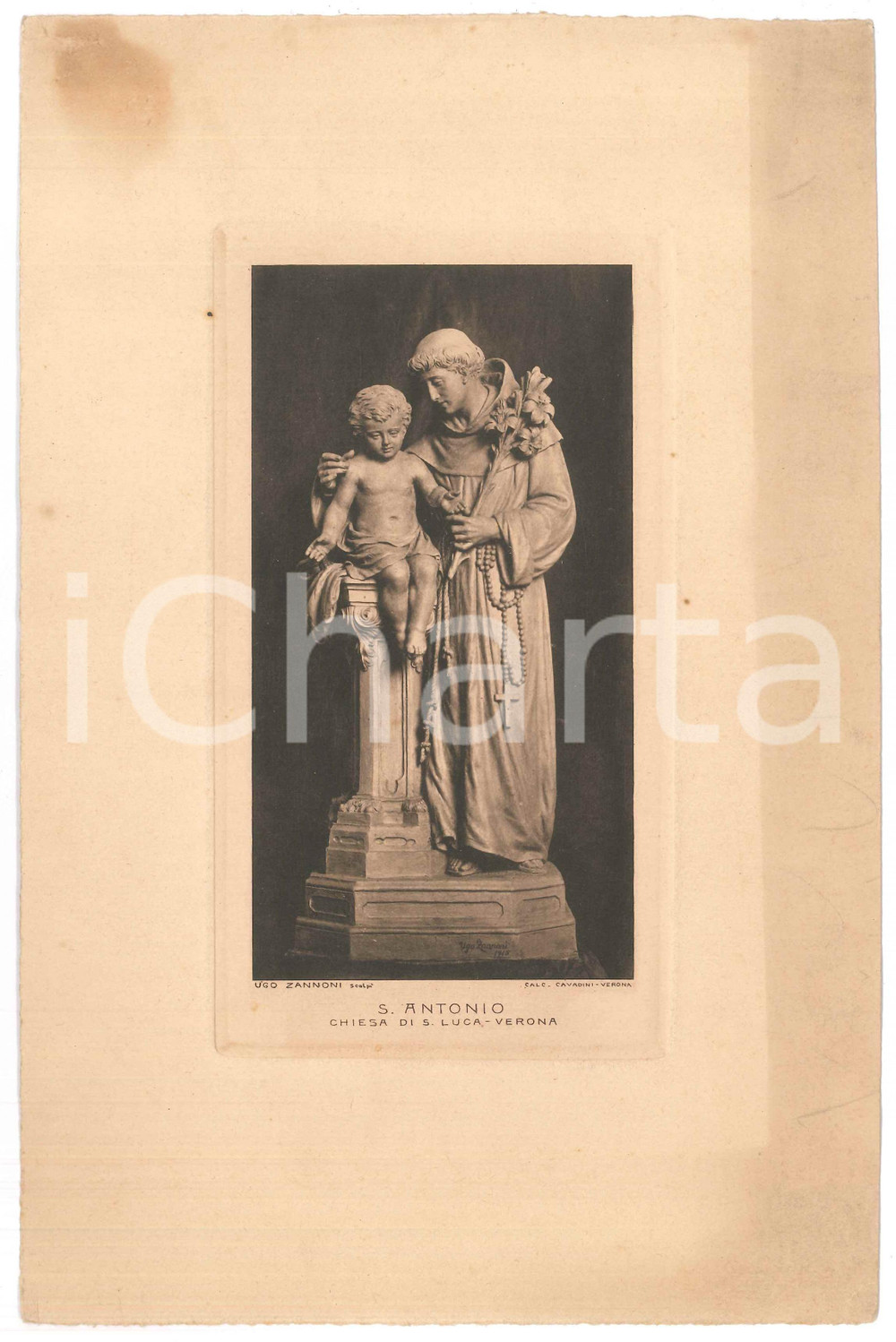 Stampa, bozzetto originale 1920 ca VERONA Scultore Ugo ZANNONI  Statua S. Antonio Stampa 19x28 cm 1