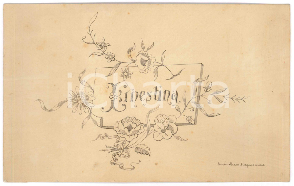 Stampa, bozzetto originale 1900 ca CALLIGRAFIA Enrico KRAUS  Tavola nome ERNESTINA disegnata a mano 1