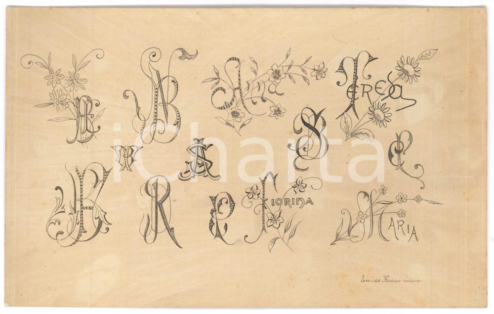 Stampa, bozzetto originale 1900 ca CALLIGRAFIA Enrico KRAUS  Tavola nomi femminili Disegnata a mano 1