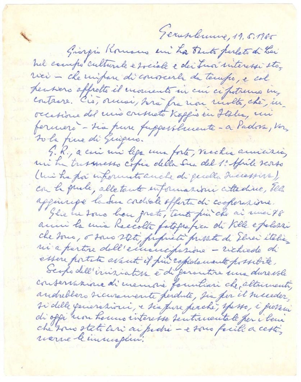 Autografo originale 1985 GERUSALEMME Meir Mario PADOA lavora a opera su immobili ebrei AUTOGRAFO 1