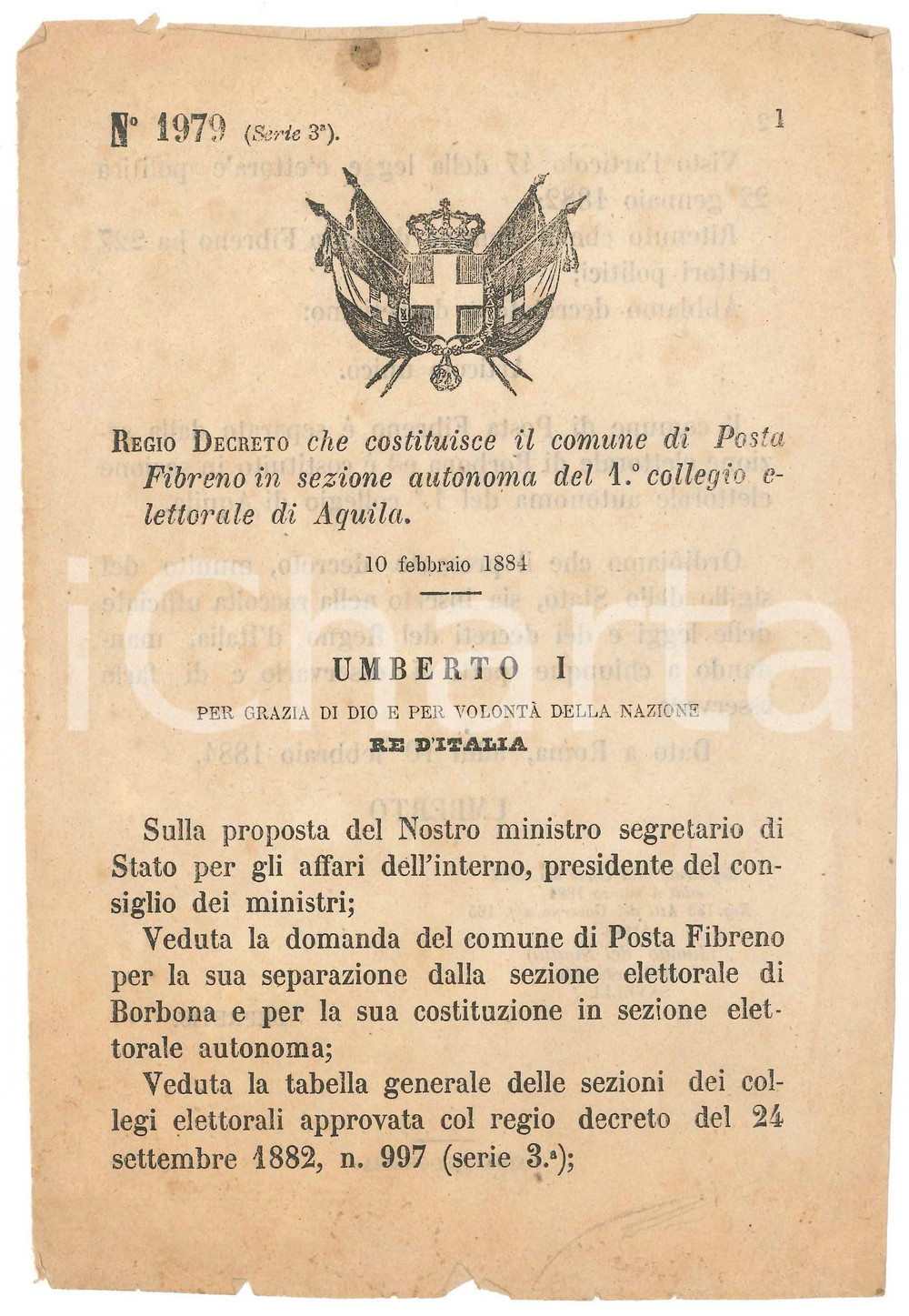 Documento originale, autentico 1884 REGNO D ITALIA  POSTA FIBRENO sezione elettorale autonoma Regio Decreto 1