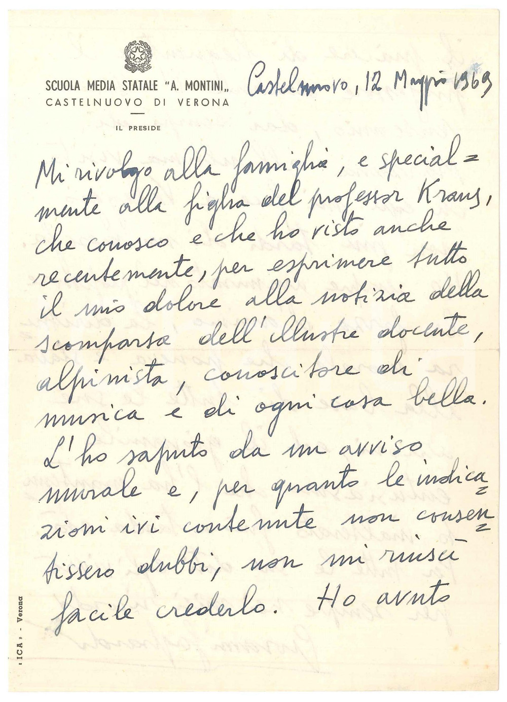 Autografo originale 1969 CASTELNUOVO DI VERONA Lettera Giovanni GAGLIARDI preside medie  AUTOGRAFO 1