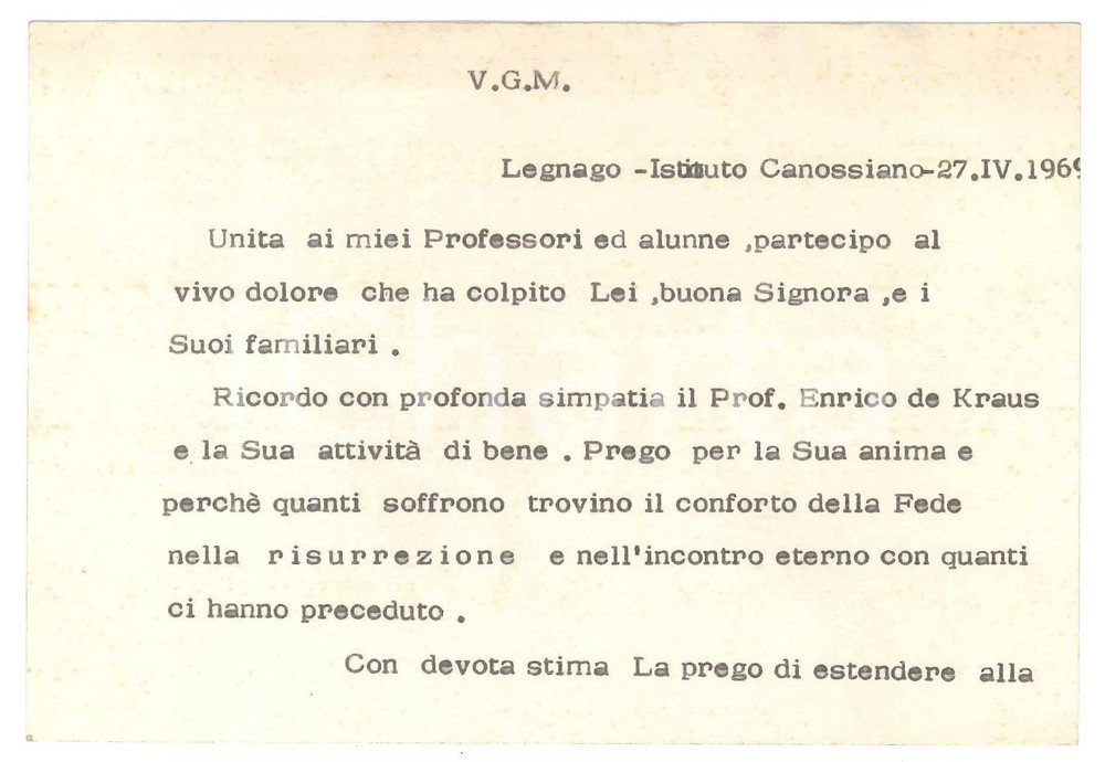 Autografo originale 1969 LEGNAGO Istituto Canossiano  Maria BELTRAME preside  Biglietto AUTOGRAFO 1
