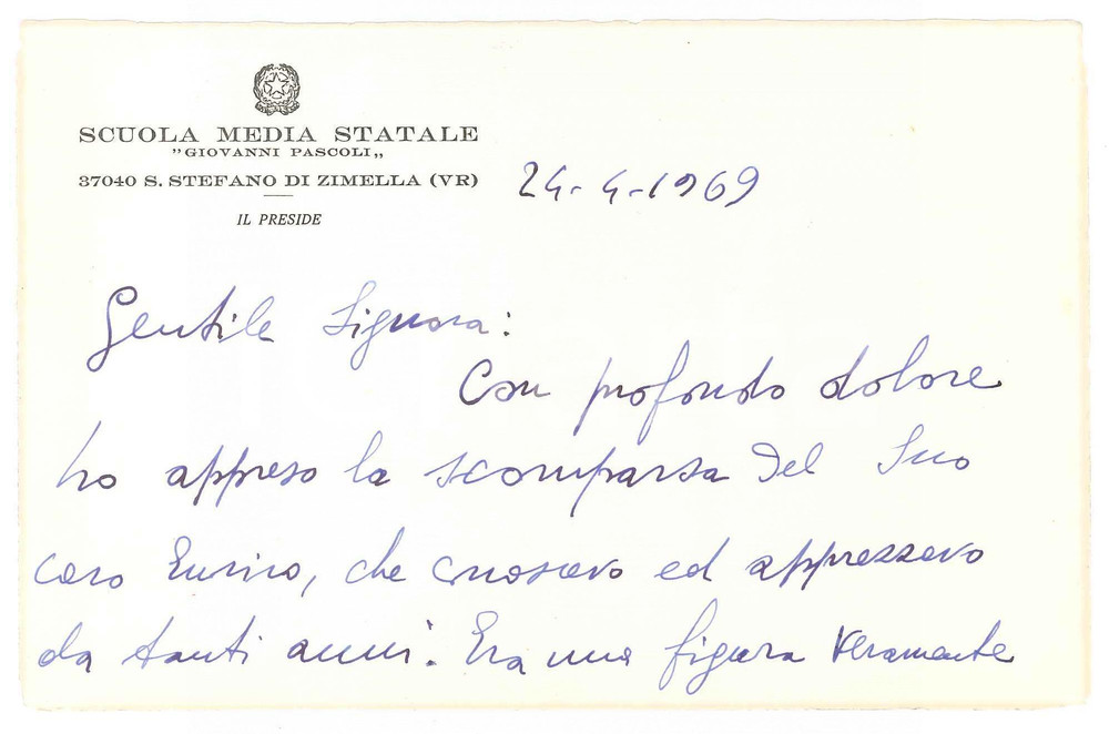 Autografo originale 1969 S. STEFANO DI ZIMELLA Mario VISENTIN preside scuola media  AUTOGRAFO 1
