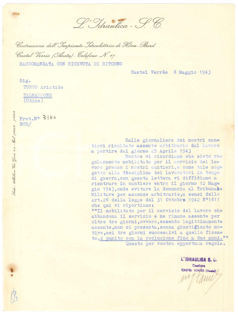 Documento originale, autentico 1943 WW2 VERRES AO L IDRAULICA S.C. Lettera a un lavoratore in tempo di guerra 1