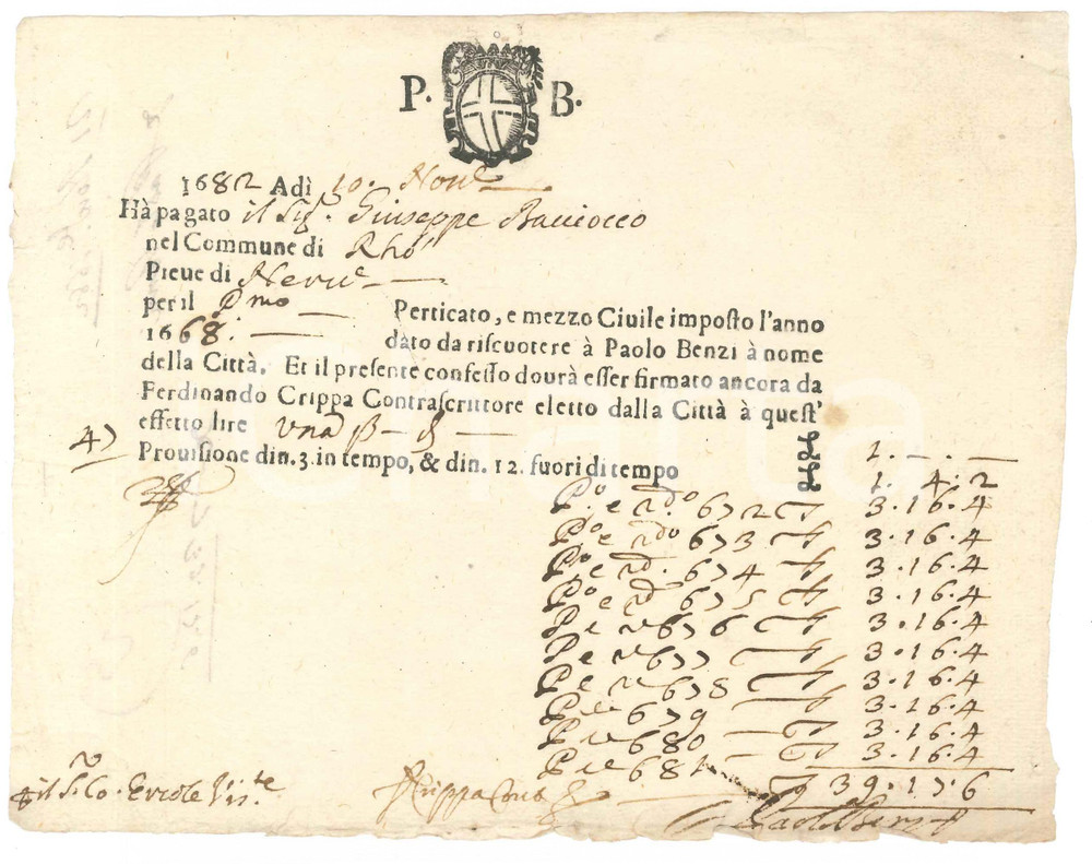 Documento originale, autentico 1668 RHO MI Ricevuta Giuseppe BACCIOCCO per imposizione versata 1