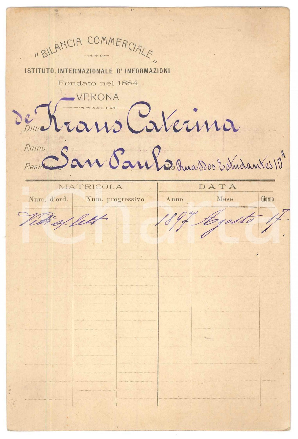 Documento originale, autentico 1897 VERONA  BILANCIA COMMERCIALE  Scheda Caterina DE KRAUS  SAN PAOLO 1
