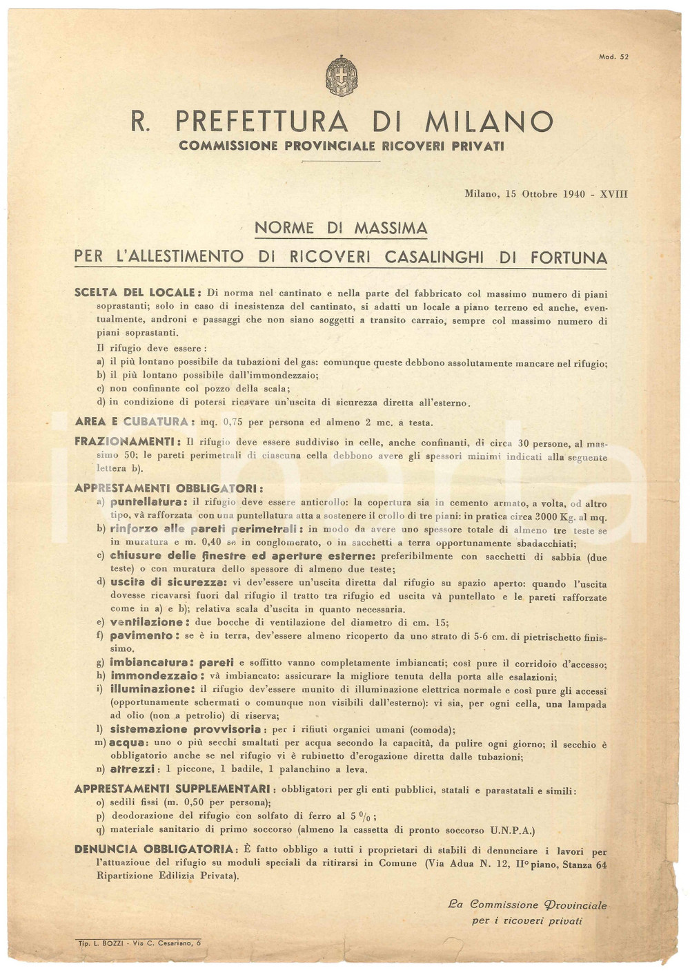 Documento originale, autentico 1940 WW2 MILANO Norme per l allestimento di ricoveri casalinghi di fortuna 1