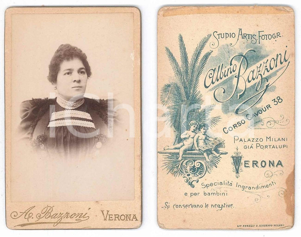 Fotografia d epoca originale 1895 ca VERONA Donna in abito scuro  Busto Foto Albino BAZZONI CDV 1