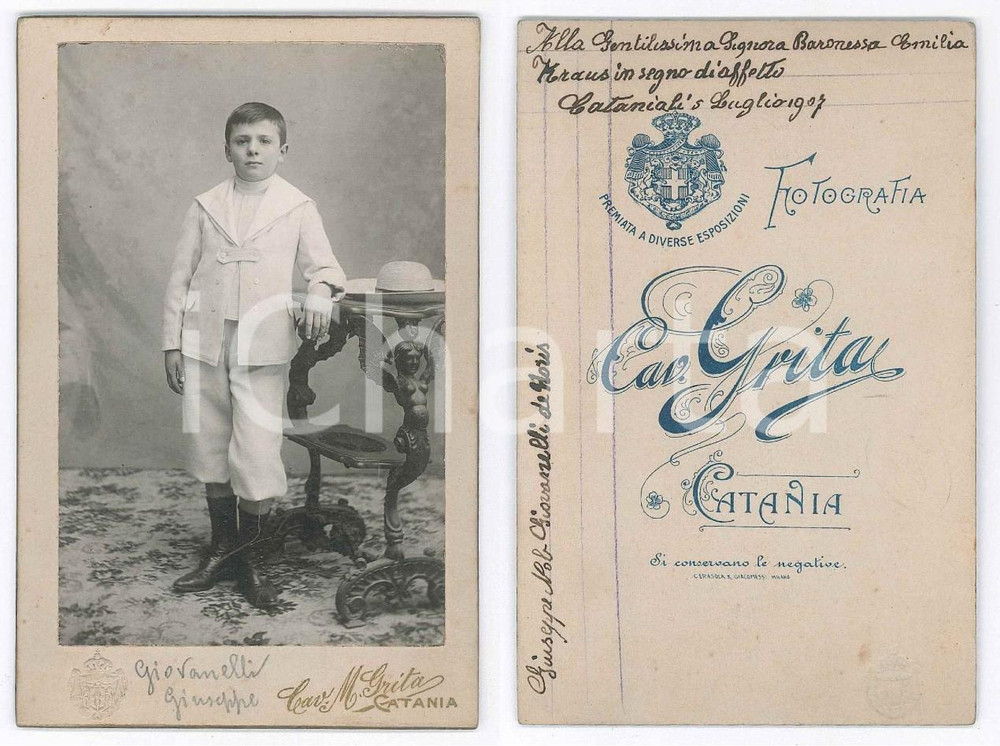 Fotografia d epoca originale 1907 CATANIA Nobile Giuseppe GIOVANELLI DE NORIS bambino Foto GRITA CDV 1