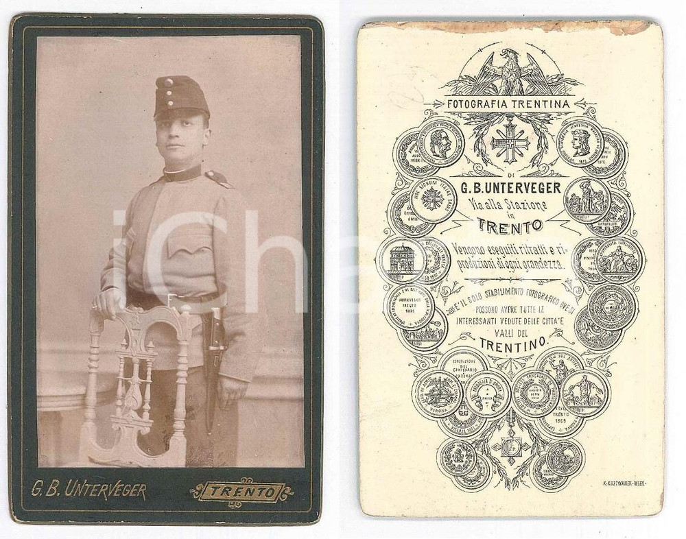 Fotografia d epoca originale 1880 ca TRENTO Esercito austroungarico  Giovane ufficiale Foto UNTERVEGER CDV 1