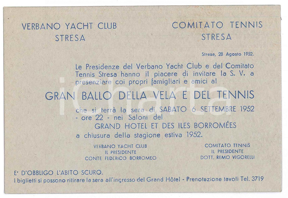 Oggetto da collezione cartaceo 1952 STRESA Verbano Yacht Club  Gran Ballo Vela e Tennis  Invito 1