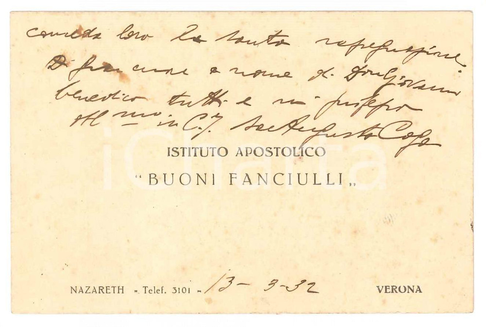 Autografo originale 1932 VERONA Istituto Buoni Fanciulli  Biglietto don Augusto COGO Autografo 1