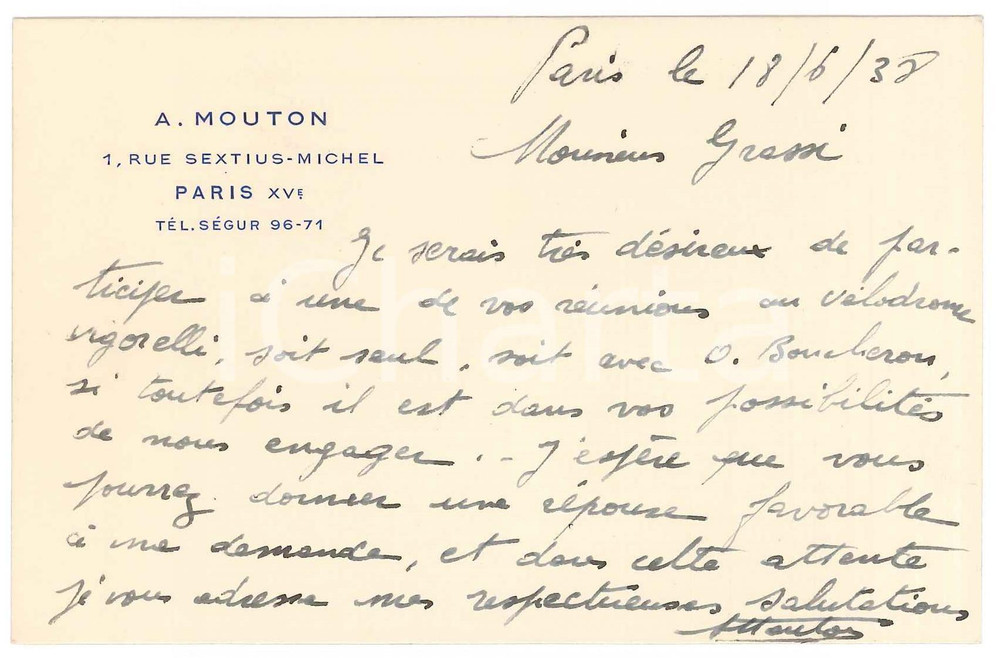 Autografo originale 1938 PARIS  CYCLISME  AndrÃ© MOUTON demande engagement Autographe 1