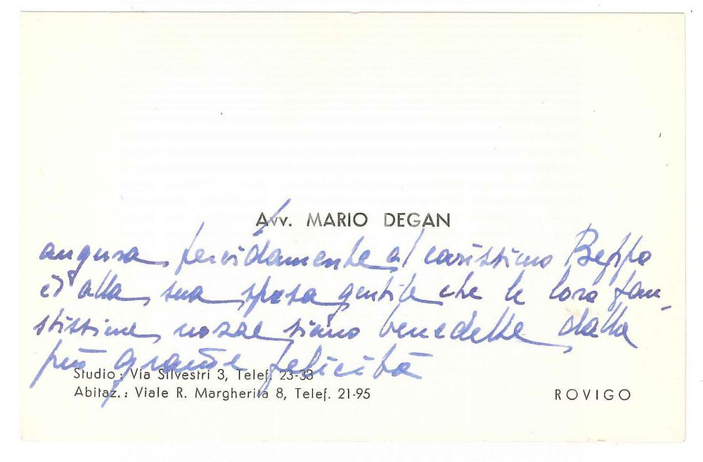 Autografo originale 1960 ca ROVIGO Avv. Mario DEGAN  Biglietto da visita autografo 1