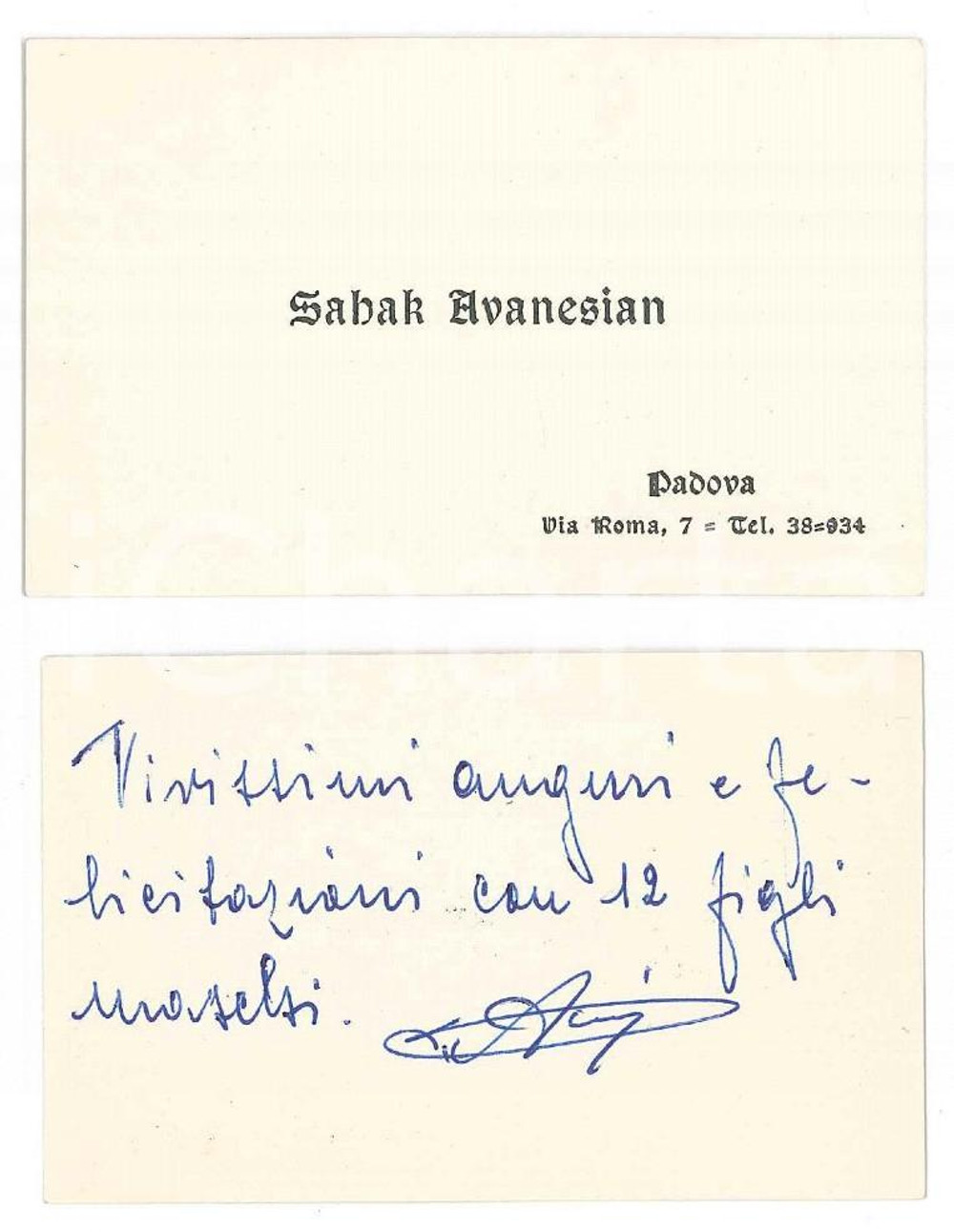 Autografo originale 1960 ca PADOVA Sahak AVANESIAN  Biglietto da visita autografo 1