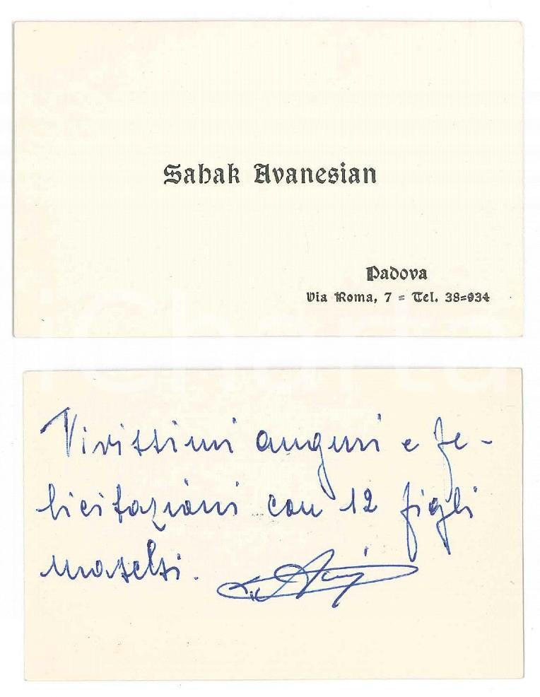 Autografo originale 1960 ca PADOVA Sahak AVANESIAN  Biglietto da visita autografo 1