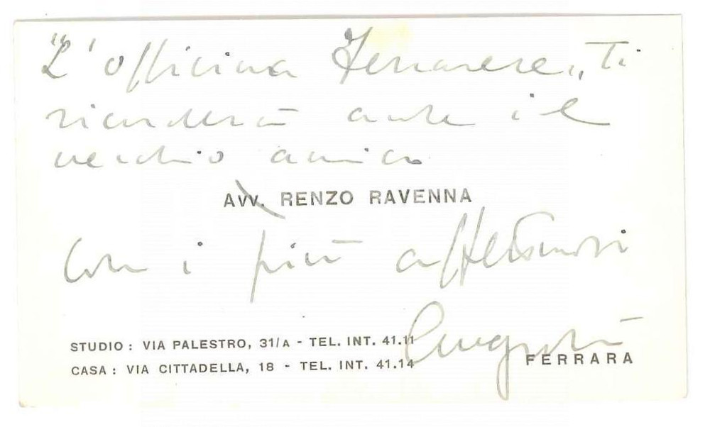 1960 ca FERRARA Avv. Renzo RAVENNA - Biglietto da visita auguri AUTOGRAFO