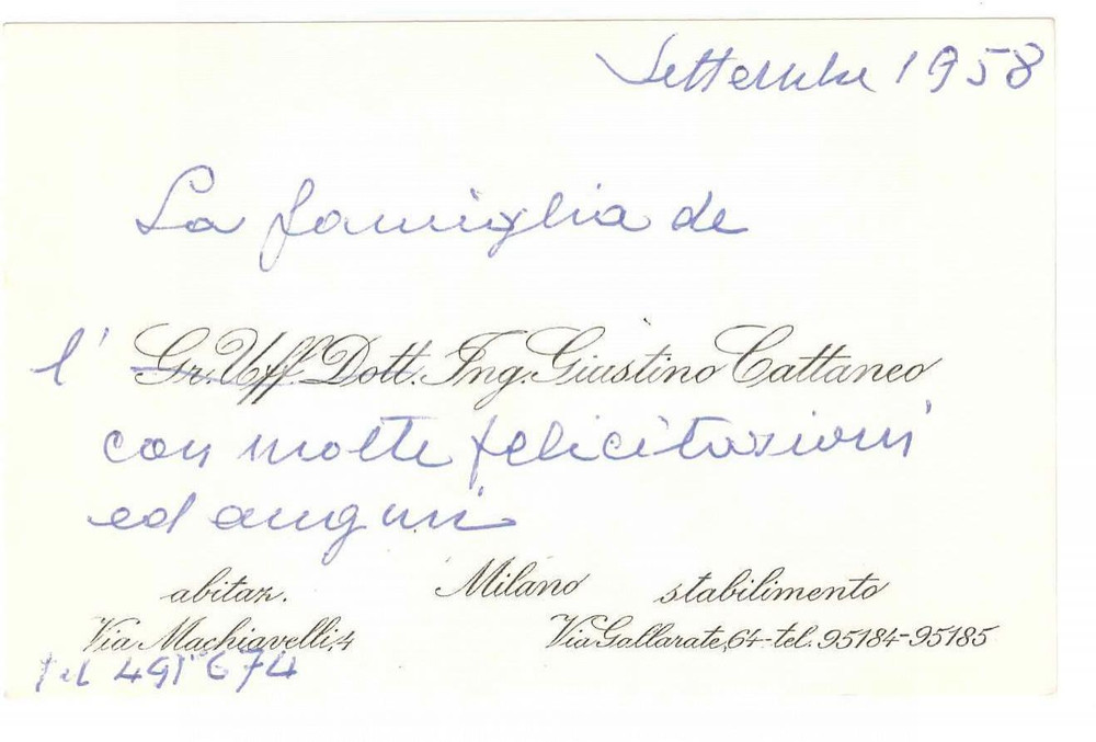 Autografo originale 1958 MILANO Ing. Giustino CATTANEO  Biglietto da visita auguri AUTOGRAFO 1