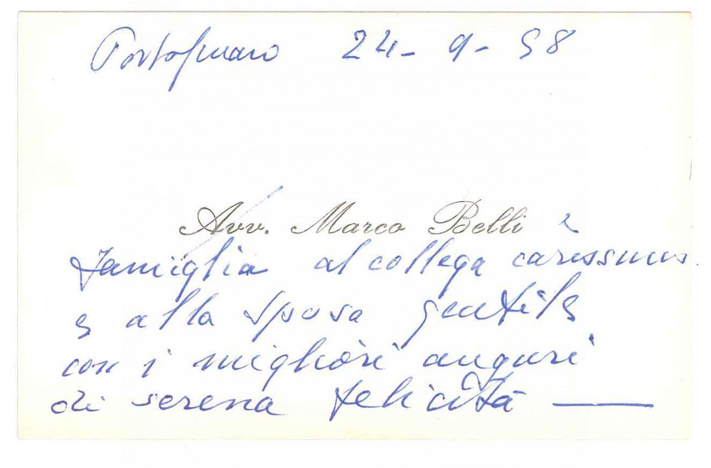 Autografo originale 1958 PORTOGRUARO Avv. Marco BELLI  Biglietto da visita AUTOGRAFO 1