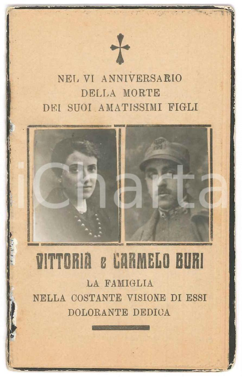 Oggetto da collezione cartaceo 1924 Santino anniversario Vittoria e Carmelo BURI  Vere fotografie 1
