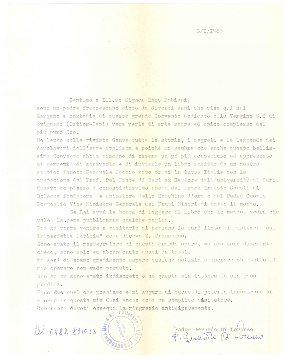 Autografo originale 1983 Santuario SANTA MARIA DI STIGNANO  Lettera p. Gerardo di Lorenzo AUTOGRAFO 1
