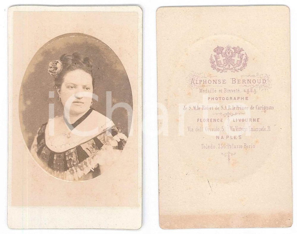 Fotografia d epoca originale 1875 ca Donna con la rosa tra i capelli  Ritratto Foto Alphonse BERNOUD CDV 1