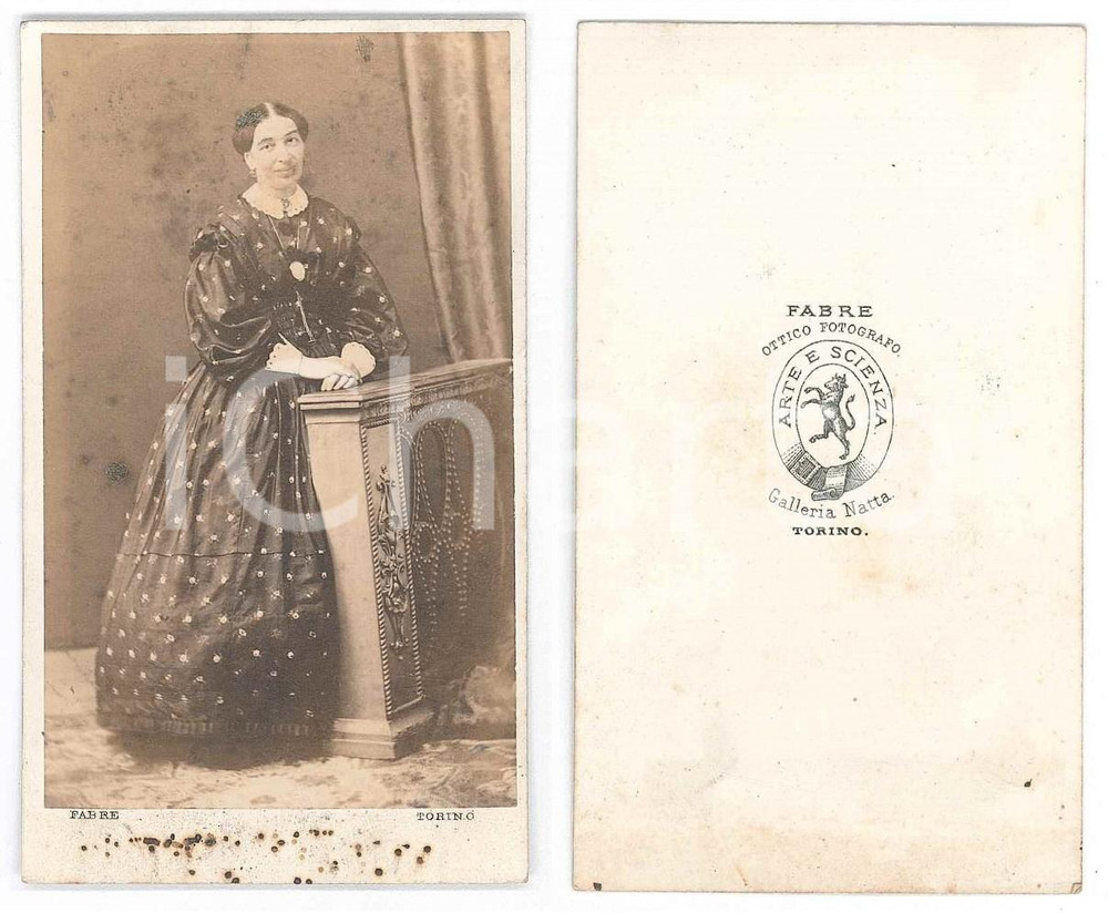 Fotografia d epoca originale 1870 ca TORINO Nobildonna in abito stampato  Foto FABRE CDV 1