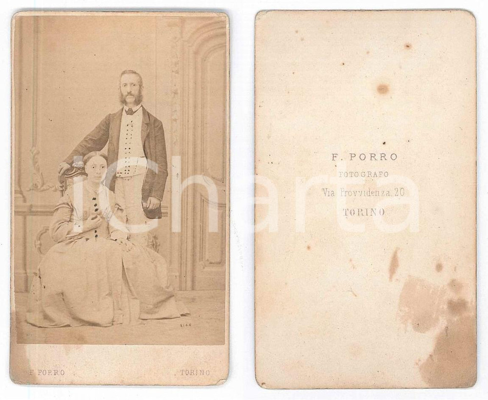 Fotografia d epoca originale 1870 ca TORINO Coppia di coniugi  Ritratto  Foto F. PORRO CDV 1