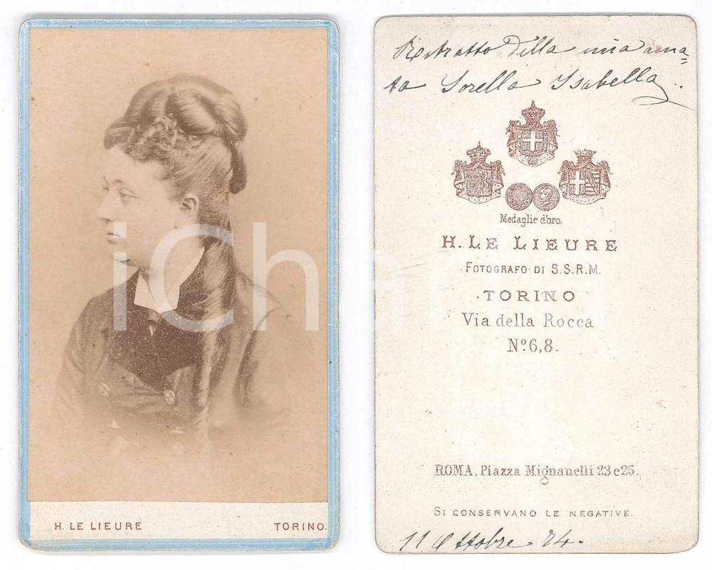 Fotografia d epoca originale 1874 TORINO Ritratto di donna  Profilo  Foto LE LIEURE  CDV 1