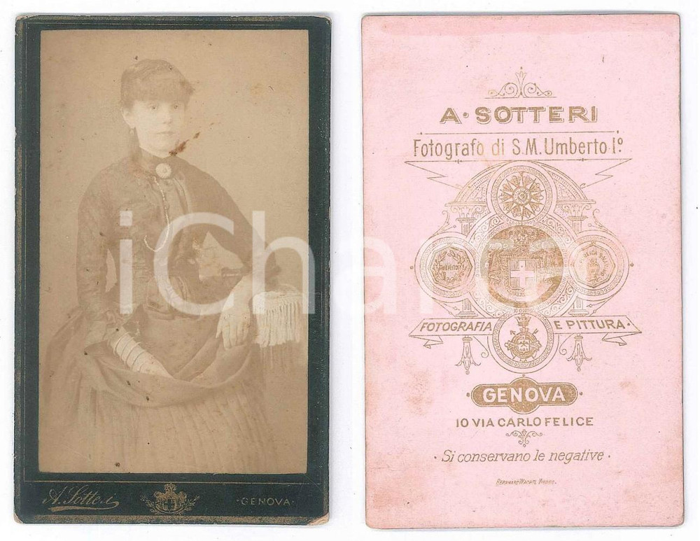 Fotografia d epoca originale 1890 ca GENOVA Giovane donna in abito scuro Foto A. SOTTERI CDV 1