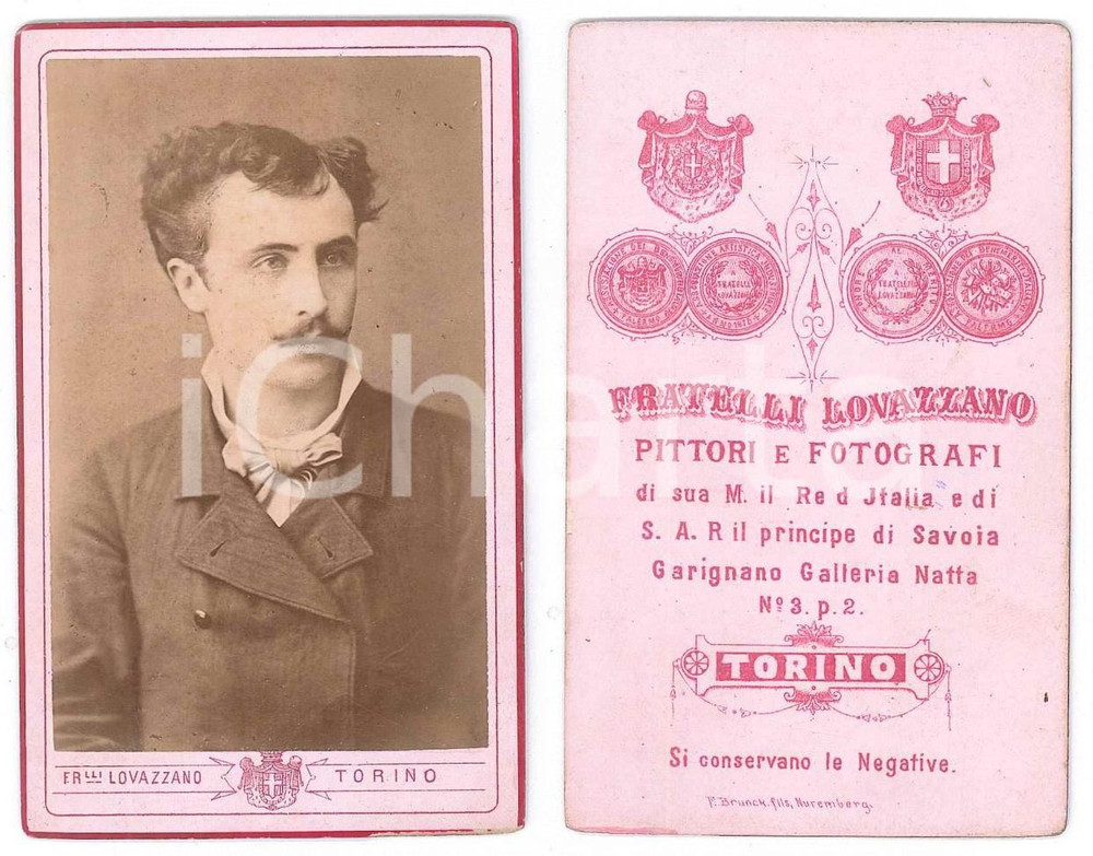 Fotografia d epoca originale 1880 ca TORINO Giovane uomo con foulard chiaro Foto Fratelli LOVAZZANO  CDV 1