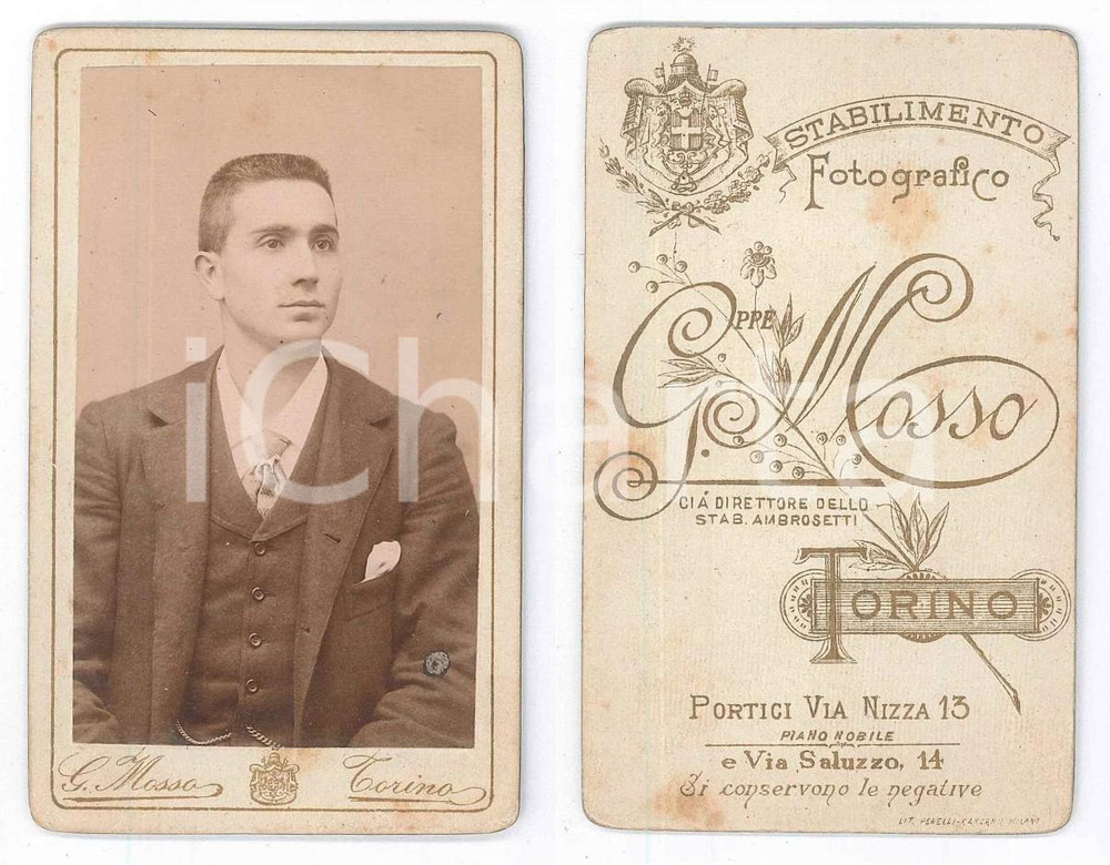 Fotografia d epoca originale 1900 ca TORINO Ritratto di giovane uomo  Foto Giuseppe MOSSO CDV 1