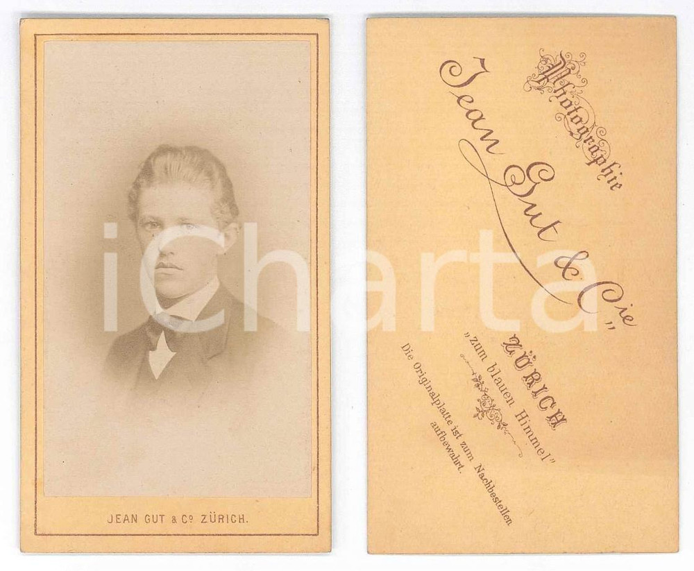 Fotografia d epoca originale 1870 ca ZURICH SWITZERLAND Portrait of a young man  Photo Jean GUT CDV 1