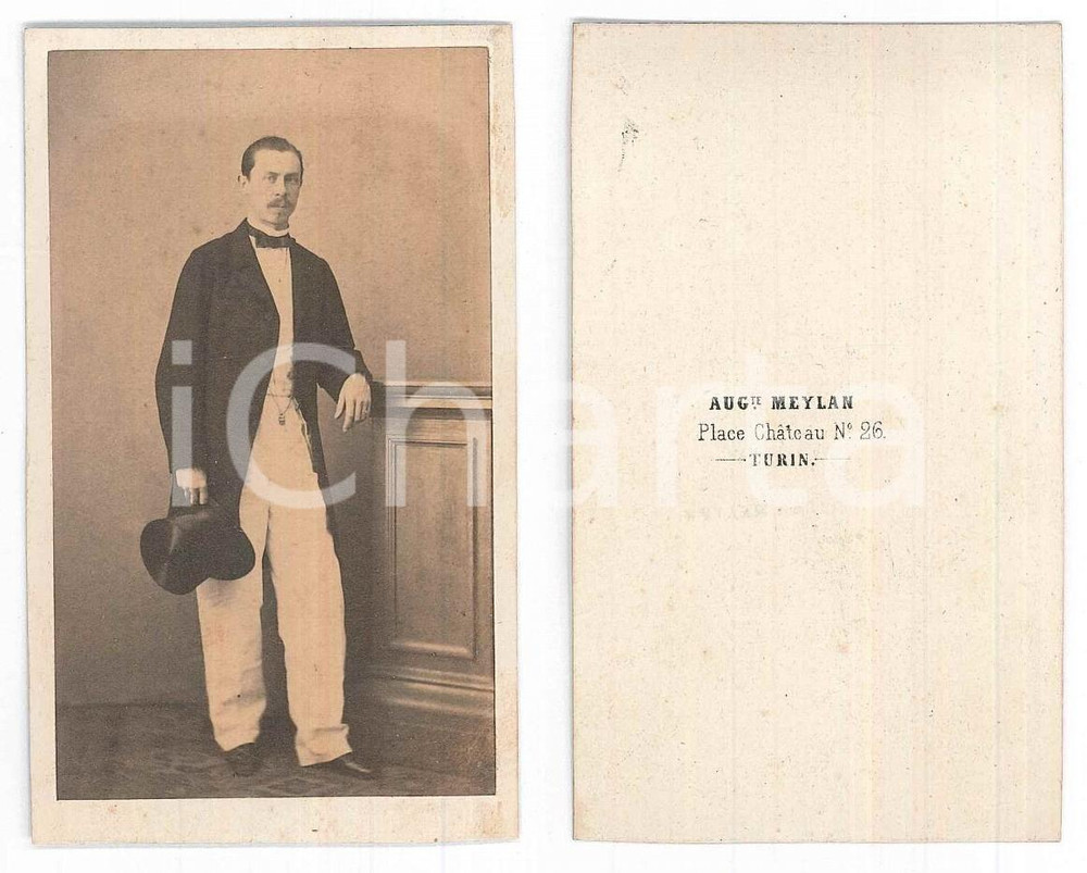 Fotografia d epoca originale 1870 ca TORINO Gentiluomo in abito da passeggio Foto Auguste MEYLAN CDV 1