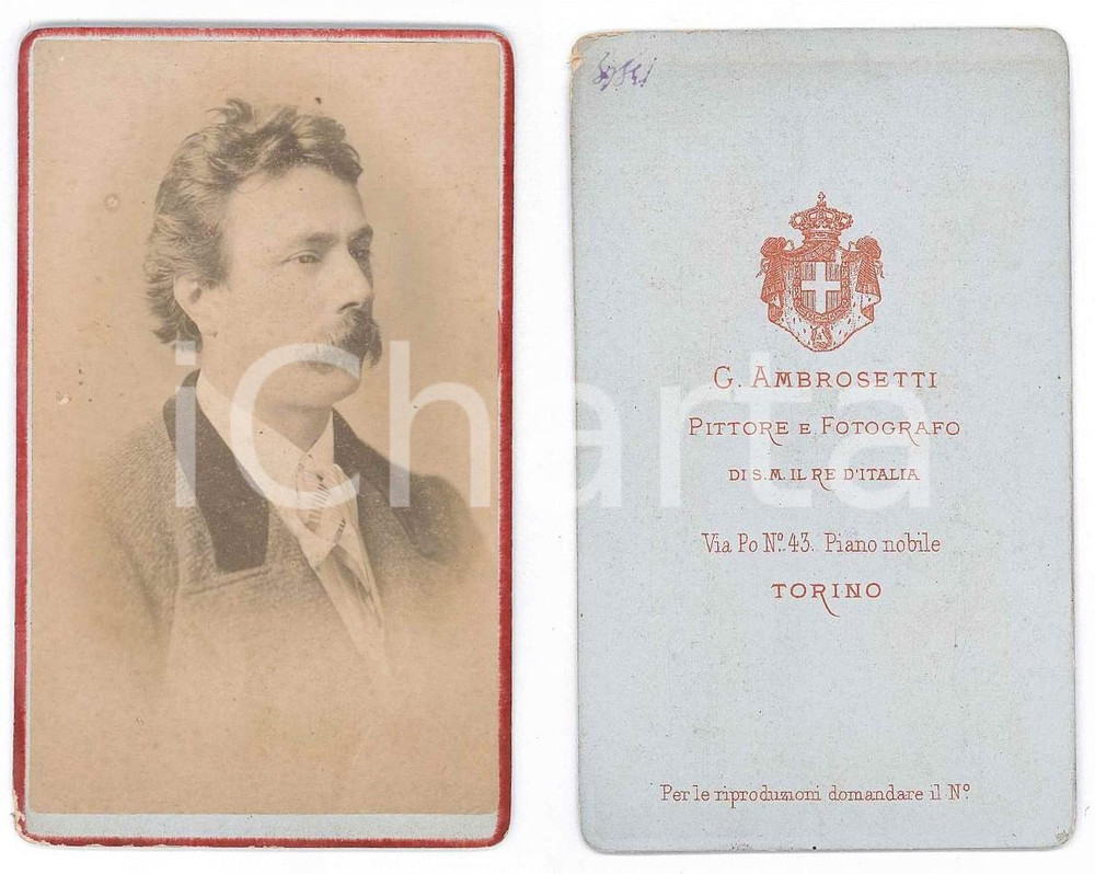 Fotografia d epoca originale 1880 ca TORINO Ritratto maschile  Profilo  Foto G. AMBROSETTI CDV 1