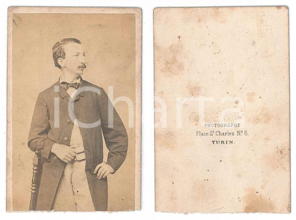 Fotografia d epoca originale 1875 ca TORINO Uomo in abito da passeggio  Foto SCHEMBOCHE DANNEGGIATA CDV 1