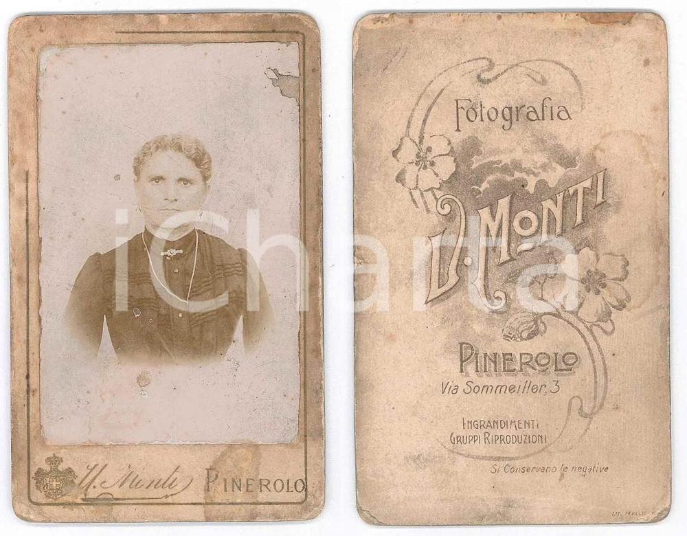 Fotografia d epoca originale 1890 ca PINEROLO TO Donna in abito scuro  Busto Foto U. MONTI 1