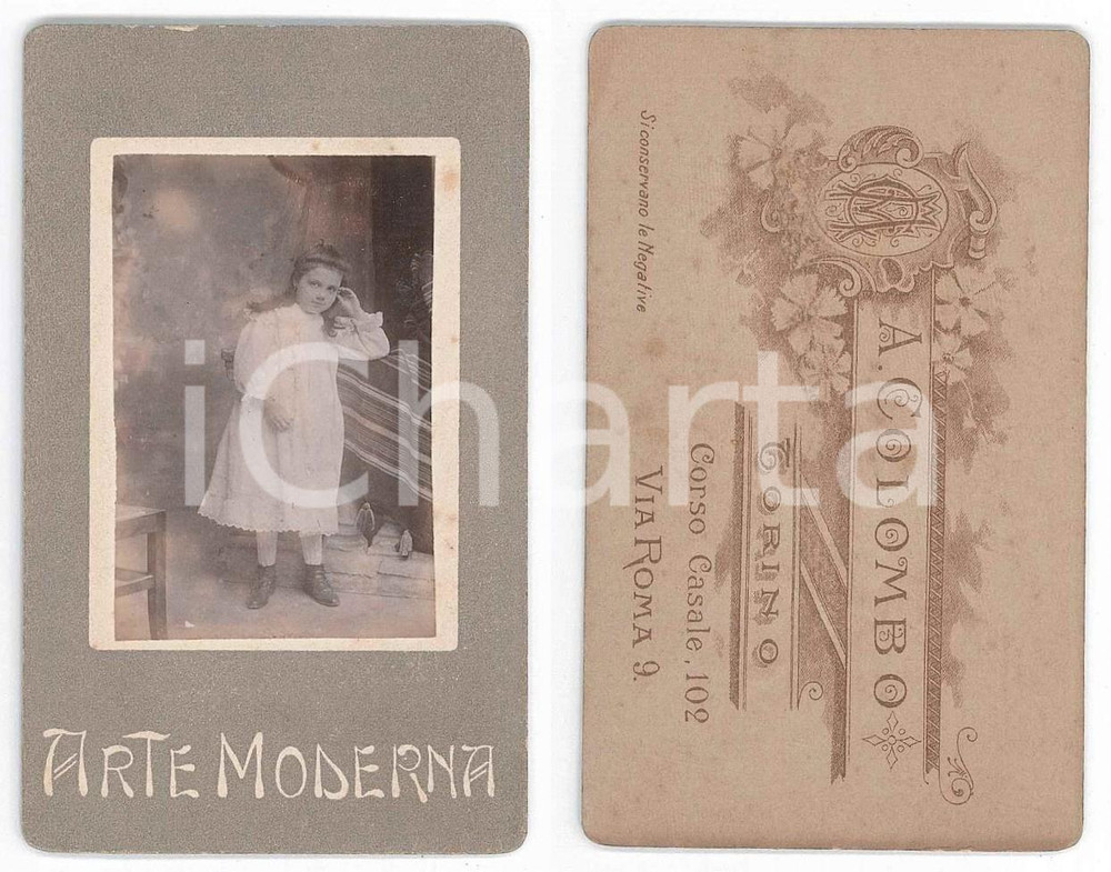 Fotografia d epoca originale 1910 TORINO Ritratto di bambina in abito bianco Foto A. COLOMBO CDV 1