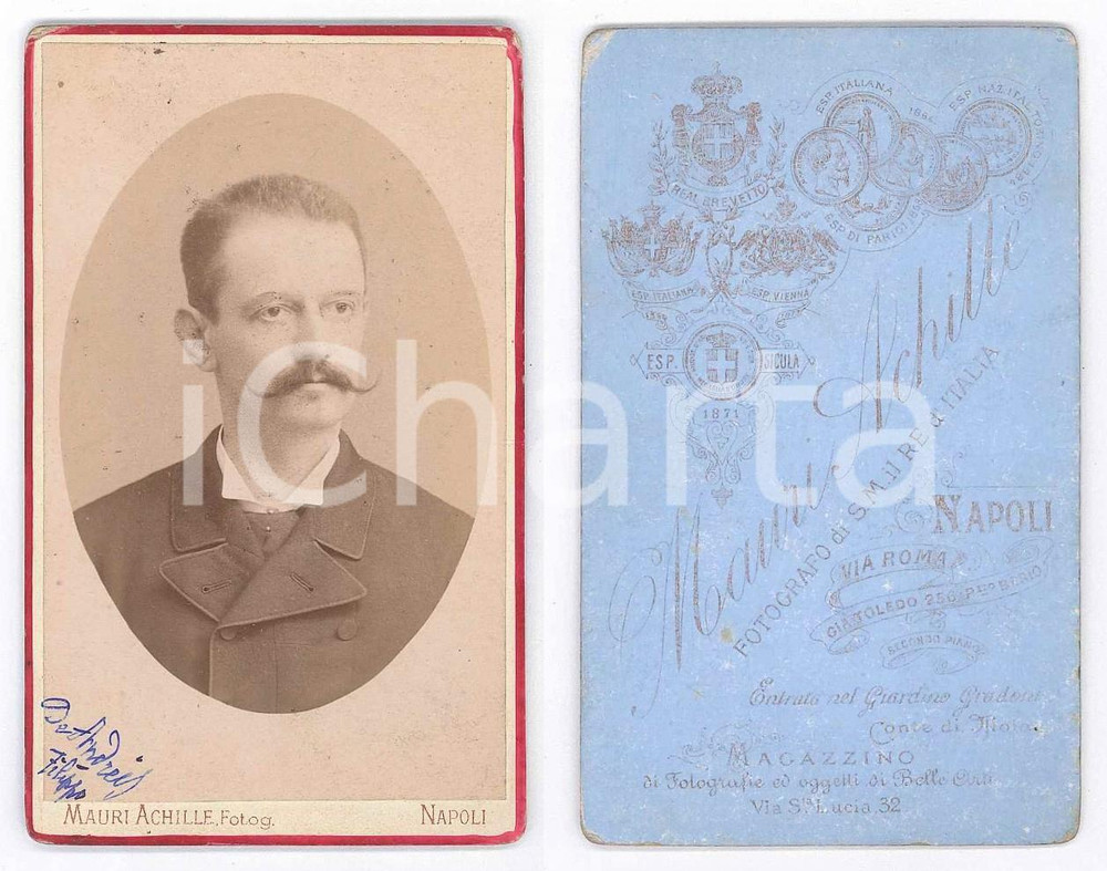Fotografia d epoca originale 1875 ca NAPOLI Ritratto di Filippo DE ANDREIS Foto Achille MAURI CDV 1
