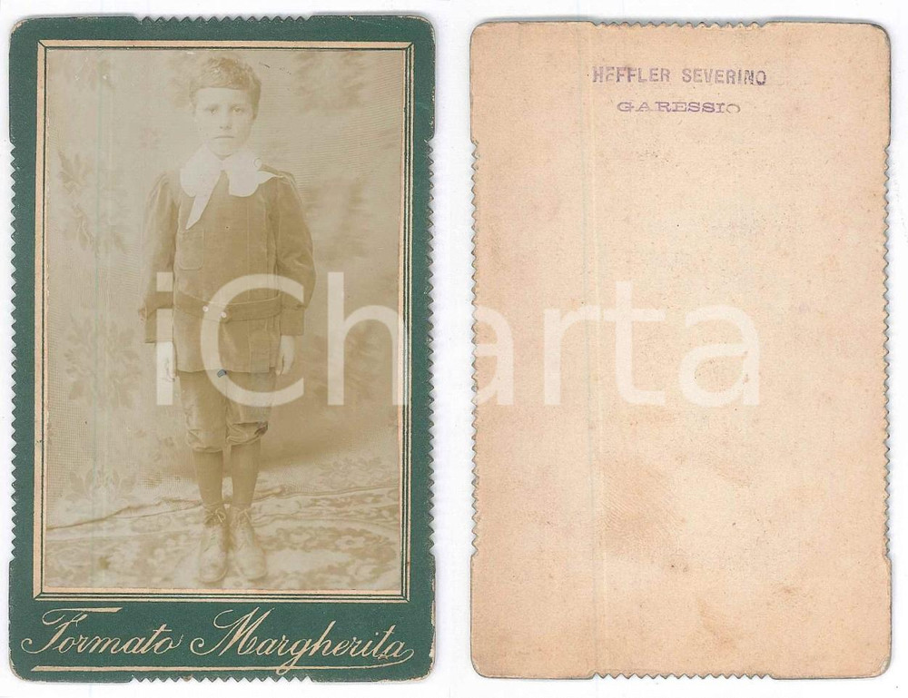 Fotografia d epoca originale 1900 ca GARESSIO CN Bambino in divisa da collegiale Foto Severino HEFFLER CDV 1