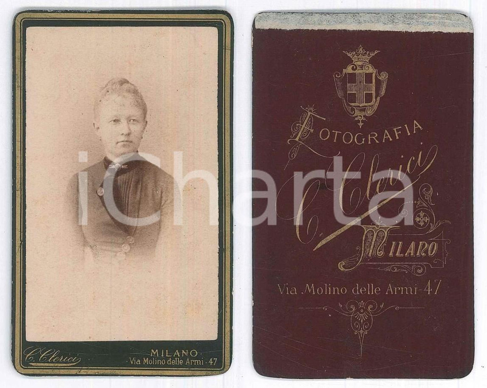Fotografia d epoca originale 1880 ca MILANO Ritratto di donna con abito a bottoni  Foto Claudio CLERICI CDV 1